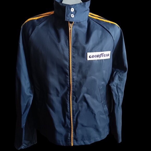 Vintage Mens Large Goodyear Racing Jacket Yellow Stripes Patched NEW USA 80s - Picture 1 of 5